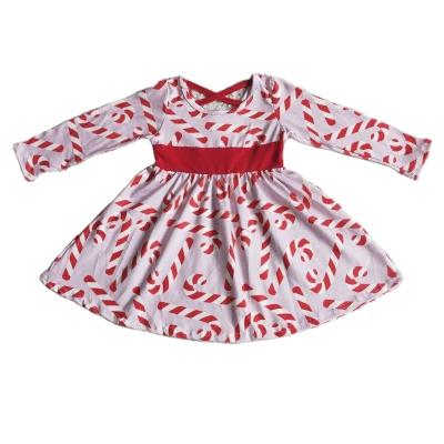 China Wholesale RTS Boutique Washable Christmas Baby Dress Long Sleeves Candy Cane Red Festival Clothing Fashionable Kids Holidays Clothes for sale