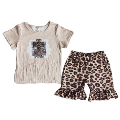 China Summer New Arrivals Formal Newborn Boutique Cross Brown Tassels With Leopard Pattern Shorts Pants Teenage Girls 2T Kids Outfit 2pcs Sets for sale