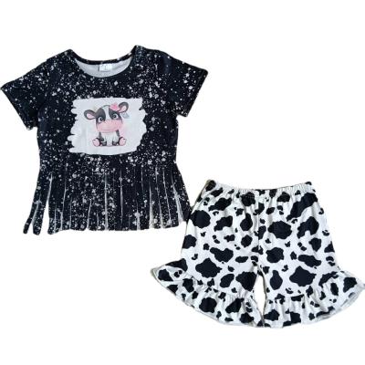 China Summer New Arrivals Formal Newborn Boutique Scare Black Tassels With Milk Pattern Shorts Pants Teenage Girls 2T Kids Outfit 2pcs Sets for sale