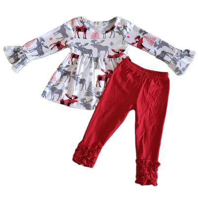 China Formal Kids Clothes Girls White Long Sleeve Top Elks Pattern Red Pants Christmas Costume Girls Boutique Outfits for sale