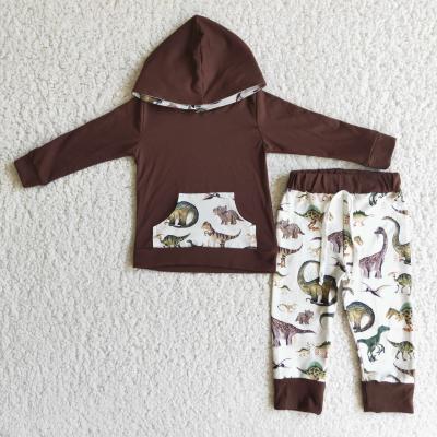 China Formal Baby Boy Clothes Brown Hooded Sweatshirt With Dinosaur Pattern Costume 2 Piece Boy Boutique Outfits for sale