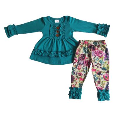 China Kids Formal Clothes Set 3 Pieces Long Sleeve Green Top And Flower Print Pants Girl Fall Boutique Outfits for sale