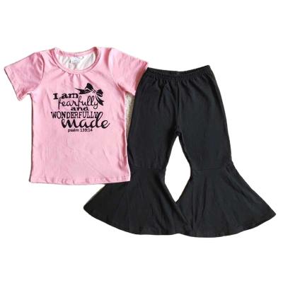 China Boutique Formal Wholesale Babies Clothes Short Sleeve Letter Pink Top With Pants Black Bell-Based Baby Fashion Outfits for sale