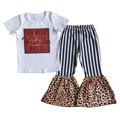 China Formal Bell Bottom White Stripes Babies Clothes White Short Sleeve Black And White Pants With Floral Patterns for sale