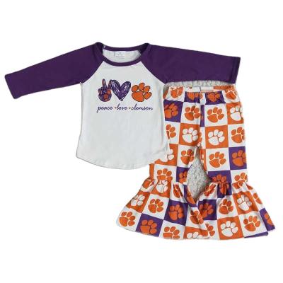 China Formal Toddler Babies Scare Pattern Clothes Gesture Love Paw Print Long Sleeve With Pants 2 Pcs Purple Orange Girl Fashion Outfits for sale