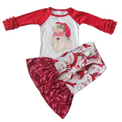 China Girls Clothes Kids Long Sleeve Formal White Blouse Red Sleeves With Santa Claus Pattern, Red Sequins Matching Family Outfits for sale