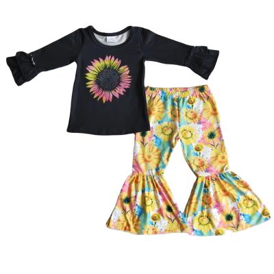 China Formal Baby Clothes Black Long Sleeves With Sunflower Pattern Yellow Bell Bottom Pants for sale