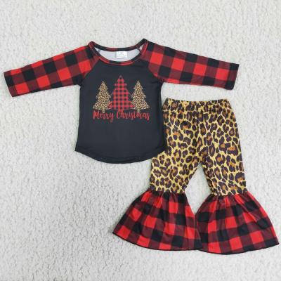 China Formal Baby Clothes Red and Black Checkered Shoulder Sleeves Leopard-Print Bell Bottom Long Pants for sale