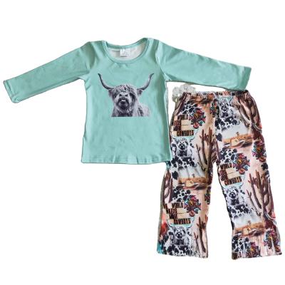 China Cow Formal Animal Print Children Clothing Blue Top Long Sleeve With Pants Set For Kids Girl Spring Autumn for sale