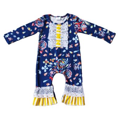 China Formal Newborn Toddler Infant Baby Rompers Blue Flowers Lace Up Clothes Long Jumpsuits Long Pants Girl Fashion Tailor for sale