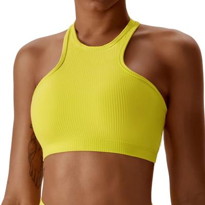 China Breathable OEM Gym Ribbed Yoga Women Sports Bra Halter Neck Fitness Workout Open Back Sports Bra For Women for sale