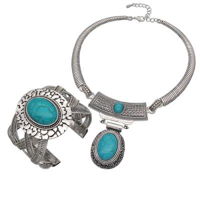 China Environmental Friendly Vintage Western Jewelry Turquoise Sets Ethnic Style Necklace Bracelet Earring Set Beaded Necklace Turquoise Jewelry Set for sale