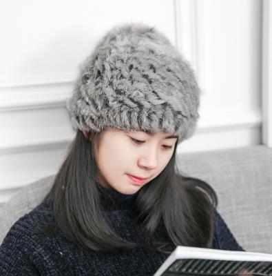 China Winter COMMON Hat Elastic Women Color Hand Knitted Real Rabbit Fur Beanie Hat for sale