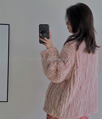 China Rex Rabbit Fur Jackets Cute V-Neck Coat Women Fashion Style Anti-wrinkle Rex Rabbit Knitted Fur Coats Genuine For Ladies for sale