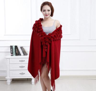 China Hot Sale Fashion Design Style Cape Shawl Coat Over Waist Sweater Knit Shawl With Real Rabbit Fur for sale