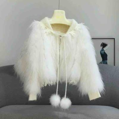 China Good Quality Anti-Wrinkle Real Raccoon Fur Hand Knitted Warm Women Coat For Winter for sale