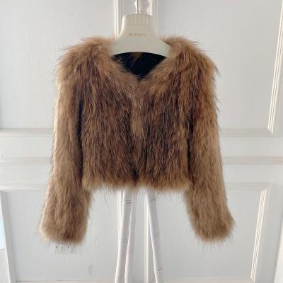 China Parride Real Knitted Raccoon Fur Overcoat Winter Women's 100% Fur Coats Wholesale for sale