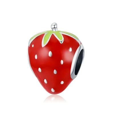 China Cheap Cute Strawberry Silvery Sweet Fruit Red Enamel 925 Sterling Silver Charm Pendant for Original Bracelet DIY Bangle Making for sale