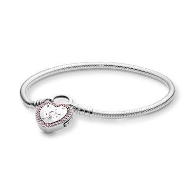 China TRENDY 925 Sterling Silver Moments Heart Padlock Clasp Snake Chain Bracelet Pink Zircon Bracelet For Women Jewelry for sale