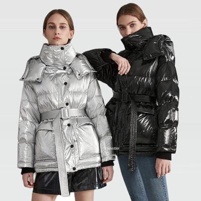 China JANVENY 2021 Women's New Winter Warm Parka Mid Length Waist Duck Down Jacket Slim Belt Striper Shiny White Thick Waterproof Sliver Raincoat for sale