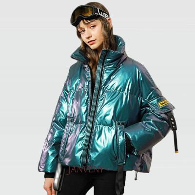 China JANVENY 2021 new winter raincoats Shinny stripper coat women loose warm shiny Duck Down Bubble Jacket wild personality stand collar shorts for sale