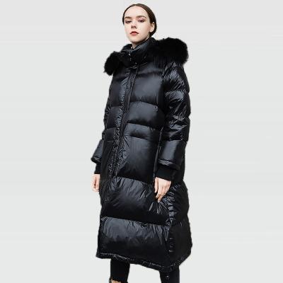 China Newest Waterproof Women's Large Raccoon Fur Collar Over The Knee Bright Face Thickened Cocoon Loose Duck Down Parka for sale