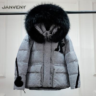 China JANVENY 2022 New Hooded Raincoat Loose Thickened Patchwork Women's Jacket Stripper Real Natural Short Waterproof Fur Collar Down Coat Filling for sale