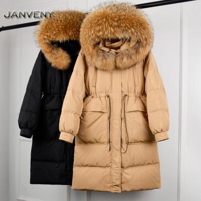 China JANVENY 2022 New Winter Waterproof Raccoon Fox Fur Hooded Stripper Coat Women Large Thicken Loose Drawstring Waist Above Knee Down Jacket for sale