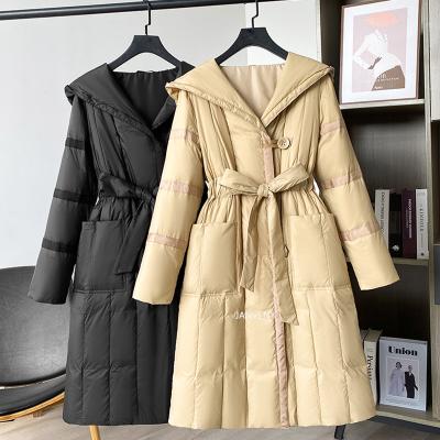 China JANVENY Waterproof Casual Women Loose Hooded Down Coat 2022 Winter Ladies Wide Tie Belt Thick Warm Vintage Over The Knee Stripper Jacket for sale