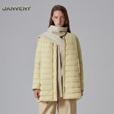 China JANVENY 2022 Autumn Winter Lightweight 90% Duck Down Jacket Women Mid Collar Length White Collar Top Waterproof Baseball Loose Casual Coat for sale