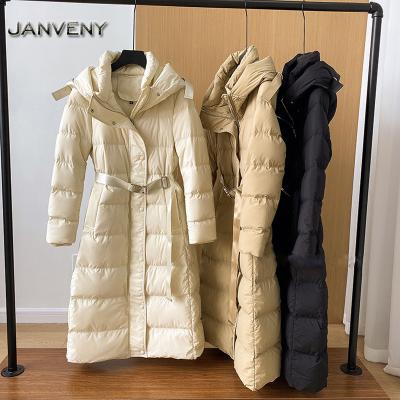 China JANVENY 2022 New Fashion Parkas Women's Snow White Hooded Zipper 90% Duck Down Belted Coat Slim Winter Waterproof Long Puffy Outwear for sale