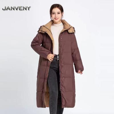 China JANVENY 2022 New Fashion 90% Duck Down Jacket Women Light White Waterproof Ultra Long Heat Hooded Loose Overcoat Contrast Stripper Outwear for sale