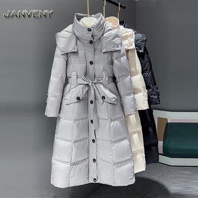 China JANVENY New Winter Waterproof Collection Women Stylish Stripper Coat Over Knee Duck Down Jacket White Pique Windproof Hooded for sale