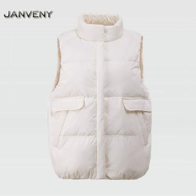 China New JANVENY Waterproof Cocoon Shaped Single Breasted Duck Down Lightweight Sleeveless Shiny Winter Stand Collar Shorts Women Stripper Vest for sale