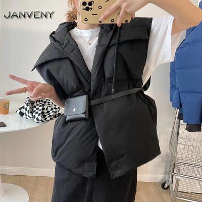 China JANVENY waterproof 2022 new Duck Down Sleeveless Vests Women luxury thickening hooded vest fashion large loose pockets with bag for sale