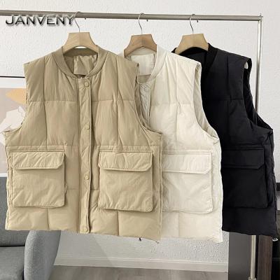 China JANVENY 2022 New Winter V-Neckline Waterproof Single Breasted Down Vest Women Elegant Wide Shoulder Pockets Loose Stand Collar Stripper Vest for sale