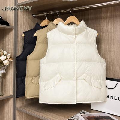 China JANVENY 2022 New Waterproof Stand Collar Loose Casual Stripper Vest Women Button Up Zipper Stitched 90 Pockets White Duck Down Vest With Flap for sale