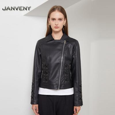 China JANVENY 2022 New Spring Autumn Faux Leather Jacket Women PU Coat Zipper Biker Basic Turn-down Bandage Slim QUICK DRY Collar Shorts for sale