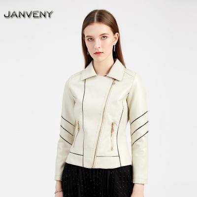 China New JANVENY 2022 Women's Spring Autumn Faux Pu Leather Jackets Stripe Pocket Zipper QUICK DRY Stitching Lady Fit Slim Casual Lapel Outwear for sale