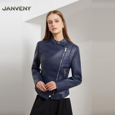 China JANVENY 2022 Autumn Locomotive Zipper Slim Leather QUICK DRY Jacket Female Short Sleeve Short Sleeve Motorcycle Long Pockets Black PU Soft Coat for sale