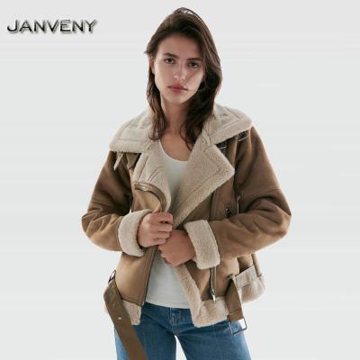 China JANVENY 2022 New Winter QUICK DRY Women Vintage Lambswool Thick Warm Motorcycle Brown Coats Faux Shearling Sheepskin Leather Jacket Wear for sale