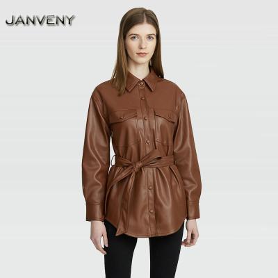 China JANVENY 2022 New Leather Jacket Women QUICK DRY Turn Down Collar Belts Tie Belt Waist Pockets Faux Leather Vintage PU Slim Fit Coat for sale