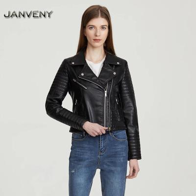 China JANVENY QUICK DRY 2022 Spring Ladies Autumn Women's Long Sleeve Casual Pu Coat Faux Leaher Jacket Vintage Slim Fit Zipper Motorcycle Smooth Motorcycle for sale