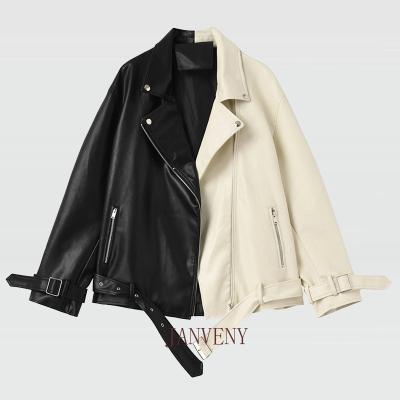 China JANVENY New Spring Autumn Lapel Splicing Jacket Lady's Soft Leather Coat Patchwork Faux Black QUICK DRY Color Causal Outwear Loose With Belt for sale