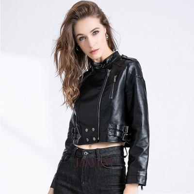 China JANVENY Newest Spring Spring Autumn Faux Leather Biker Jacket Women's High Rise Fashion Motorcycle Short Slim QUICK DRY PU Cropped Coat for sale