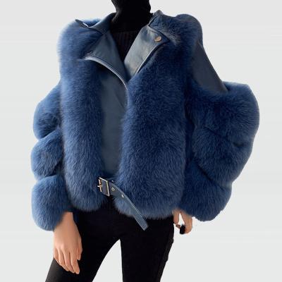 China 2020 New Wholesale Winter Stylish Women Real Fox Fur Motorcycle Breathable Genuine Leather Jacket With Belt for sale