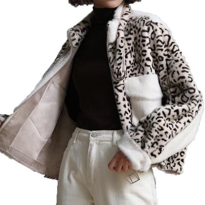 China New Style Anti-wrinkle Long Winter Sexy Luxury Faux Fur Leopard Mink Stand Collar Trench Jacket for sale