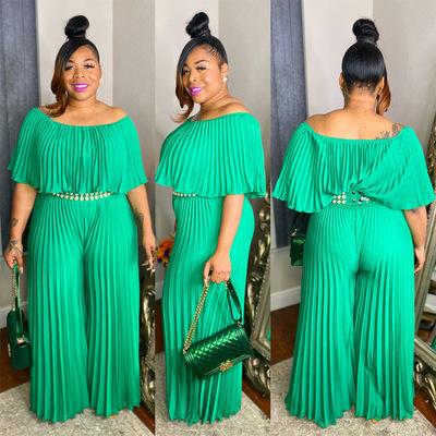 China New Arrivals Breathable Women Plus Size Pleated Overalls Plus Size Loose Summer Rompers 2021 High Waist Slash Neck Cloak Sleeve Lady for sale