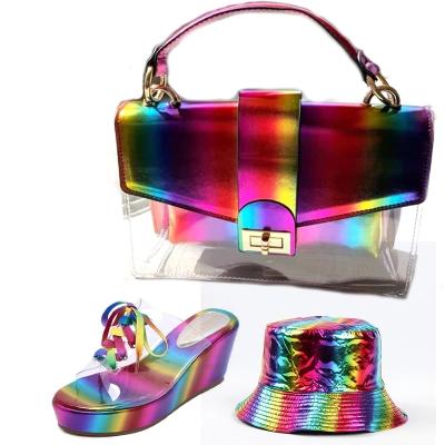 China Fashion Rainbow Purses and Matching Slippers Fashion Colorful Fisherman's Hat Patent Leather Hat with Bowknot Sandals Bags Women's Shoes for sale