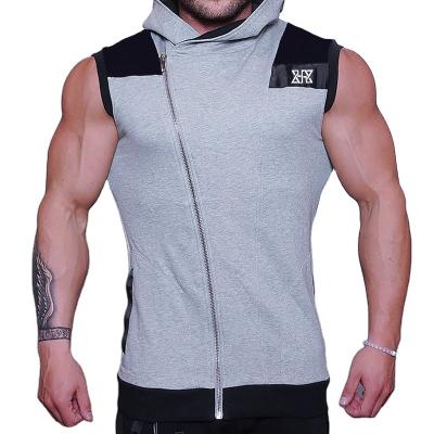 China European and American style QUICK DRY slanted zipper with hat leather printed vest men's fitness vest for sale